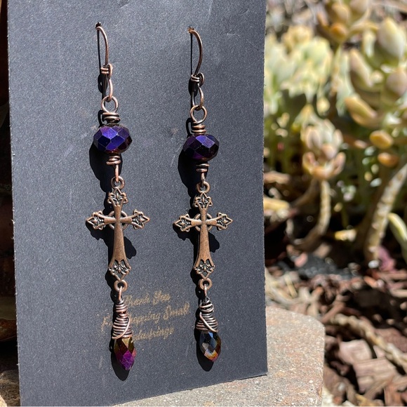 Elegant Purple Cross Dangle Earrings - Picture 3 of 12